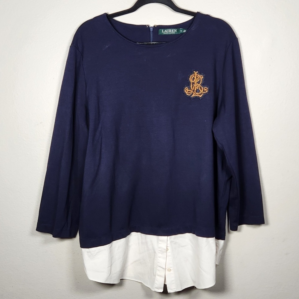 Lauren Ralph Lauren Womens XL Navy White Layered Top Old Money Academia‎ Coastal